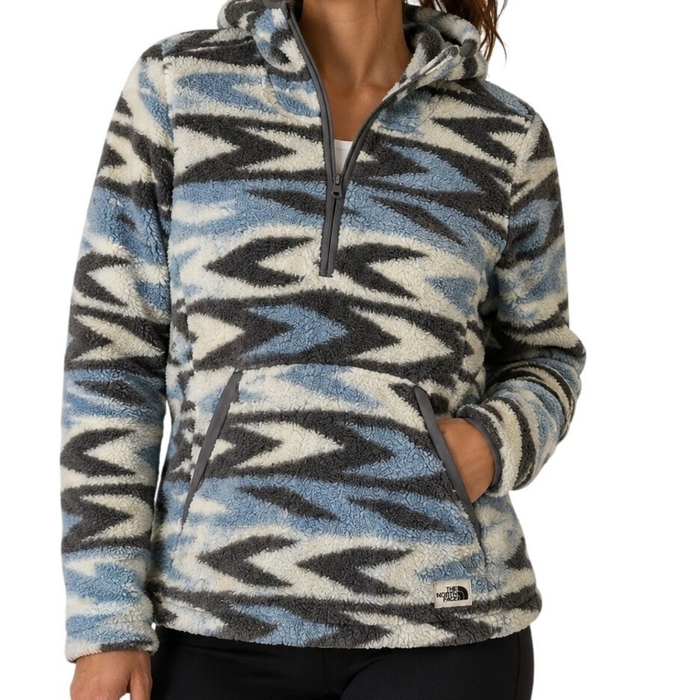 The North Face Blue Grey Geometric Sherpa Fleece 1/4 Zip Hoodie Women's Medium